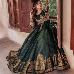 Musk Grandeur Pakistani Emerald Green Anarkali Dress with Handwork